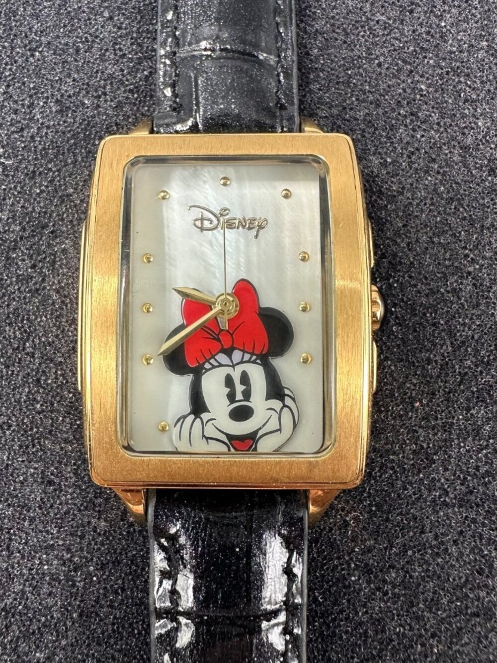 Disney Minnie Mouse Watch Women Gold Tone Black Leather Band New Battery 9"